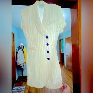 Off white cocktail dress with satin stripes. Size 4/6, no stretch to material.